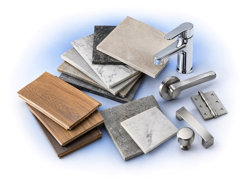 Architectural material library with stone, flooring, a tap, door hardware and metal finishes