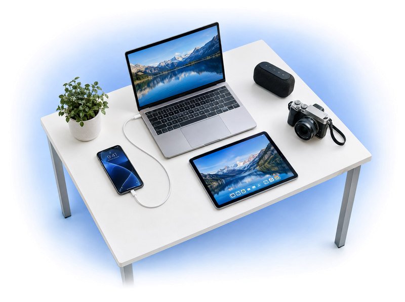 Laptop, tablet, phone, camera and speaker arranged in a connected technology workspace
