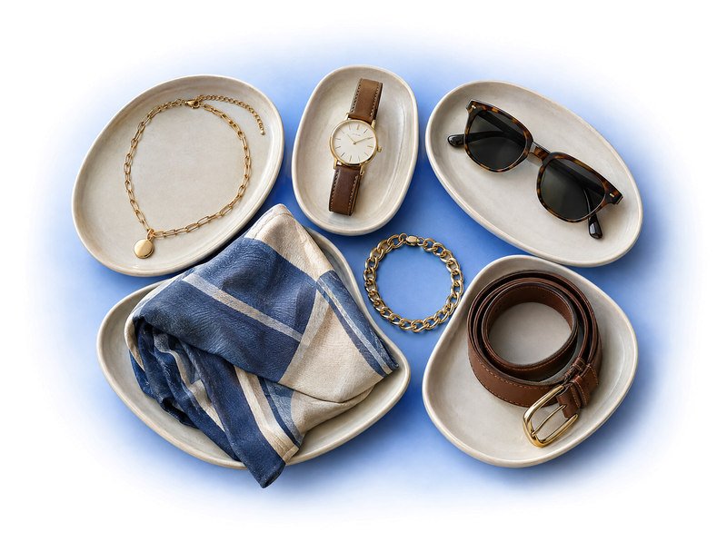 Curved trays holding jewellery, a watch, sunglasses, a scarf and a leather belt