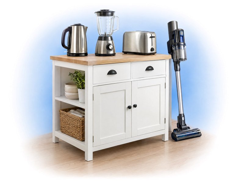 Kettle, blender, toaster and upright vacuum in a compact household utility setting
