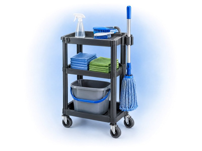 Utility cart with a mop, bucket, brushes, cleaning cloths and household storage