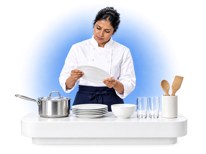 Chef reviewing cookware, porcelain tableware, glassware and kitchen utensils