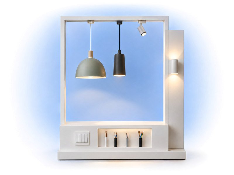 Pendant, track and wall lighting mounted on a complete display frame with electrical fittings