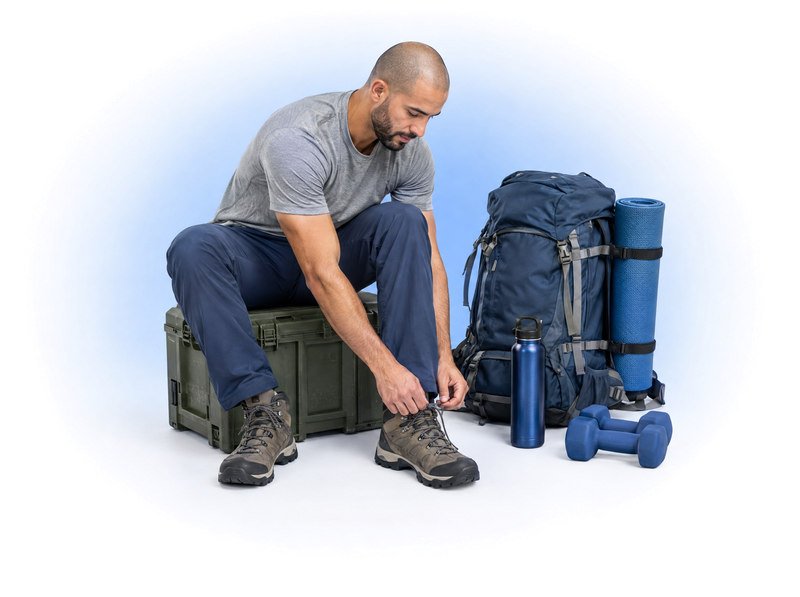 Outdoor enthusiast tying a hiking boot beside a backpack, exercise mat, dumbbells and bottle