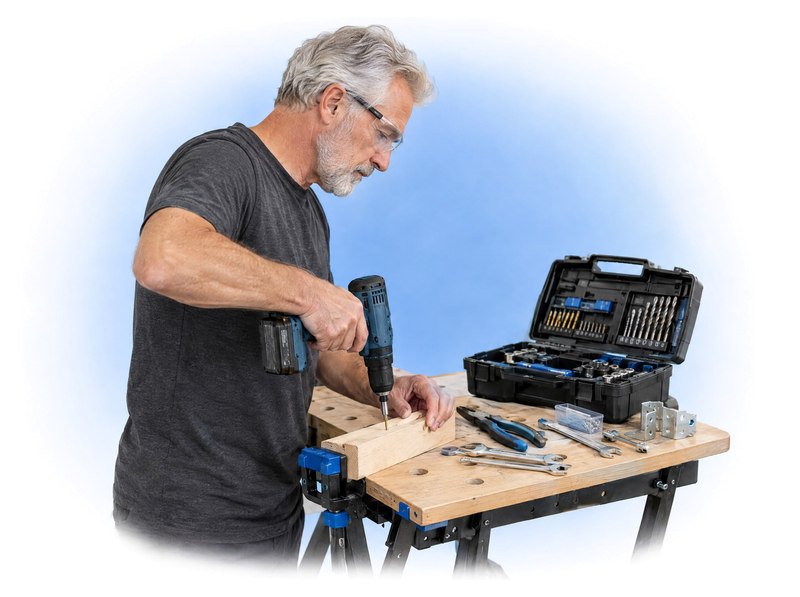 Craftsperson fastening a clamped wooden workpiece beside an open tool kit